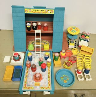 Vintage Fisher - Price - A Frame House W/acc & 22 Figures Vg To Ex