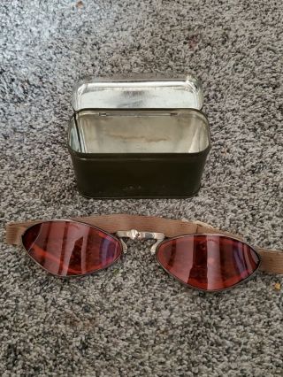 Antique Riding Motorcycle Goggles In Tin Case