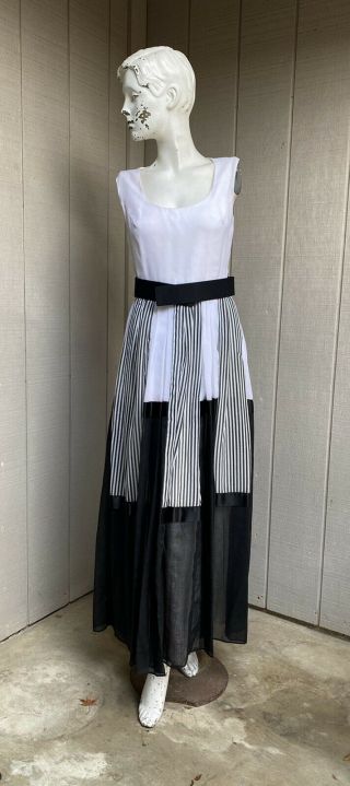 Vtg 50’s 60’s Black White Gauzey Sheer Skirt Maxi Hostess Belted Dress M