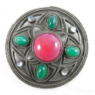 Stunning Antique Arts And Crafts Silver Green,  Red & Moonstone Brooch