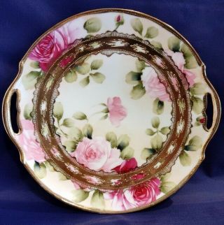 Antique Hand - Painted Nippon Peonies Gilt Embossed Porcelain Handled Cake Plate