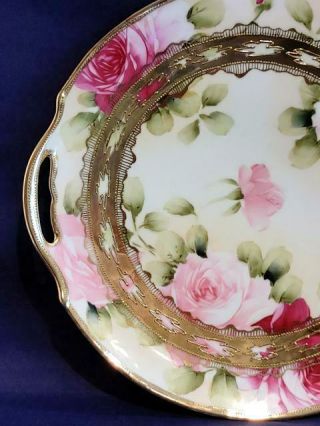 ANTIQUE HAND - PAINTED NIPPON PEONIES GILT EMBOSSED PORCELAIN HANDLED CAKE PLATE 2