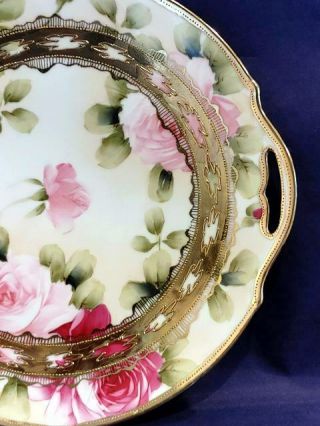 ANTIQUE HAND - PAINTED NIPPON PEONIES GILT EMBOSSED PORCELAIN HANDLED CAKE PLATE 3