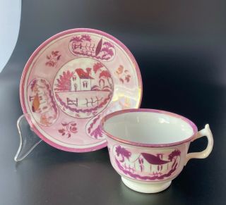 Antique Pink Luster Lusterware Tea Cup & Saucer W/ House Images