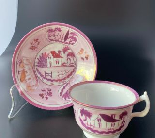 ANTIQUE PINK LUSTER LUSTERWARE TEA CUP & SAUCER W/ HOUSE IMAGES 2