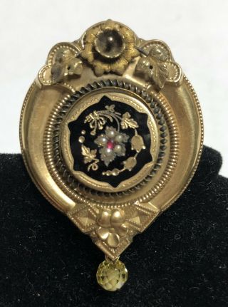 Scarce Antique Victorian Gold Filled Jeweled Mourning Brooch Pin