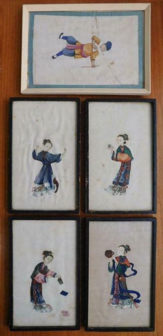 5x Antique Hand Painted Chinese Figures On Silk Framed C1900 China