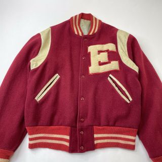 Vintage 50s 60s High School Letterman E Wool Varsity Jacket Red Off White Rare