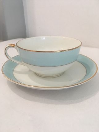 Antique Hand Painted Nippon Tea Cup & Saucer Pale Blue White Gold Trim Elegant