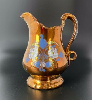 Antique Copper Luster Lusterware Pitcher With Painted Floral Decor,  7 1/2 In