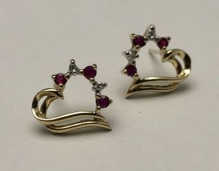 Vintage Solid.  417 10k Yellow Gold Ruby & Diamond Estate Heart Post Earrings