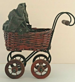 Miniature Vintage Metal Wood Wicker Old Fashioned Toy Doll Buggy/pram Height 5 "