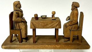 Vintage Handmade Kinetic Folk Art Carved Wood Primitive Motion Toy Couple Eating