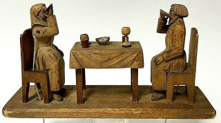 Vintage Handmade Kinetic Folk Art Carved Wood Primitive Motion Toy Couple Eating 2