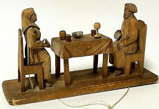 Vintage Handmade Kinetic Folk Art Carved Wood Primitive Motion Toy Couple Eating 3