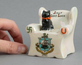 Vintage/antique Lucky Black Cat Crested Ware Ryde Swastika/horseshoe Good Luck