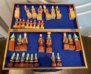 Antique Asian Chinese Chess Board Set Hand Carved & Painted Wood Chest Ornate