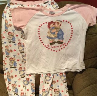 Vintage Raggedy Ann & Andy Hugging Candy Hearts Adult Pajama Pants & Shirt