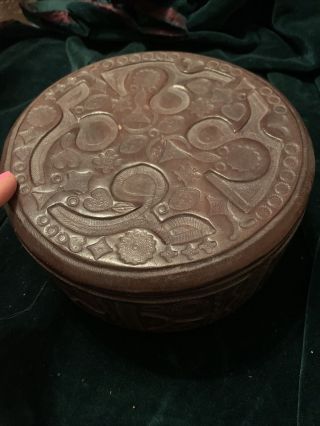 Antique Vintage Leather Round Case Box Hand Tooled Pretty Design