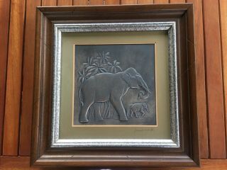 Vtg Signed Donald Richard Miller Matted &framed Elephants Metal Wall Sculpture