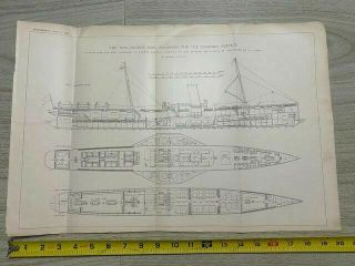 Vintage Ships Plan Circa 1898 Sidewheel Channel Steamer 13 " X20 "