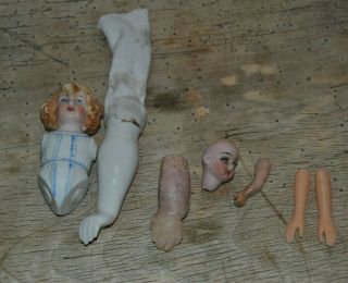Vintage Bisque Porcelain Small Doll Body / Head/ 5 Different Hands,  2 Plastic