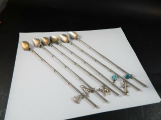 Set 6 Vintage Egyptian Revival Silver Iced Tea Julep Sipper Spoons 8.  75 "