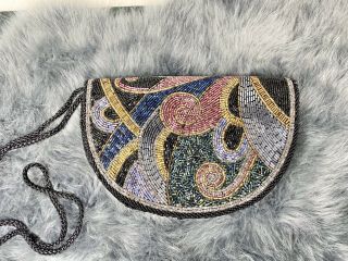 Vintage Magid Beaded Purse Art Deco Colorful Black Bead Abstract Evening Clutch