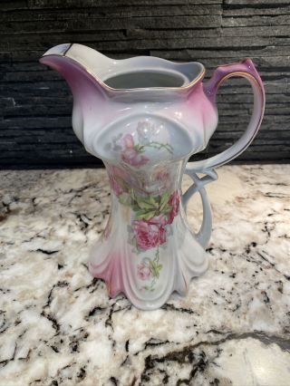 Antique Vintage Nippon Pitcher Hand Painted Roses 9 Inches Tall.  Gold Color Trim