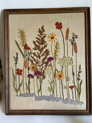Vintage Crewel Embroidery Flower Framed 23 1/2 X 19