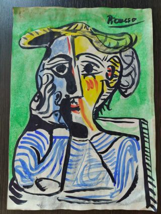 Pablo Picasso Painting Drawning Signed & Stamped Mixed Media On Paper Vintage