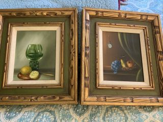 Vintage Pair Unusual Framed Still Life Fruit Signed “ward” Green Gold Frames Oil