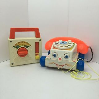 Vtg 1961 Fisher Price Chatter Phone Pull Toy & 1979 The Teddy Bear Picnic Radio