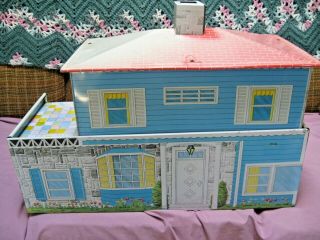 Vintage Superior Tin Metal Litho 2 Story Blue Doll House With Patio 1950 