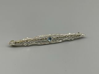 Antique Victorian 14k White Gold Light Blue Sapphire Filigree Bar Pin 4 Grams