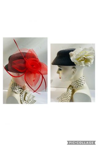 Vintage 1950’s Black Straw Short Brim Hat With 2 Flowers Red White Os