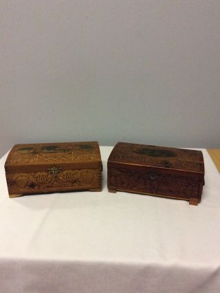 Two Antique Carved Wooden Boxes With Hinged Lid Painted Motif