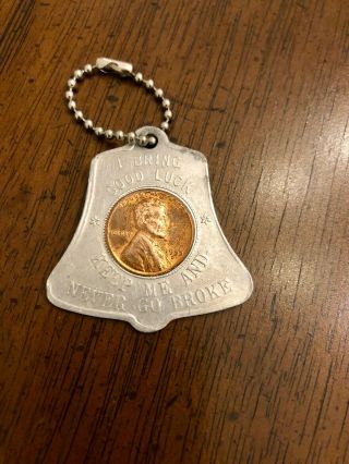 1955 D Lincoln Wheat Penny Quakertown Good Luck Bell Keychain Token