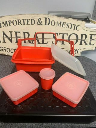 Vintage Tupperware “mini” Pack N Carry Lunch Box With Handle W/other Containers