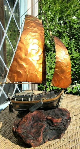 Metal Sculpture Ship Boat Brass Copper On Wood Handmade Vintage 18” Tall