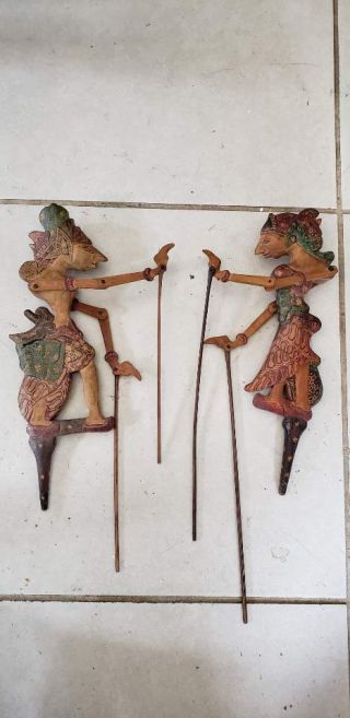 Bali Indonesian Rod Puppet Wayang Golek Carved Wood 13 " H Vintage Antique Pair