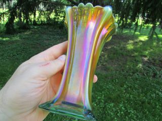 Northwood Four Pillars Antique Carnival Glass Vase Very Rare Lime Green Opal