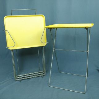 Vtg 1940s Folding Metal Tv Trays Painted Yellow Galvanized Rack Stand Durham