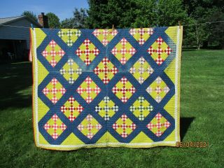 Vintage Hand Pieced Quilt Red Yellow & Blue Variation Of 9 Patch 72x72