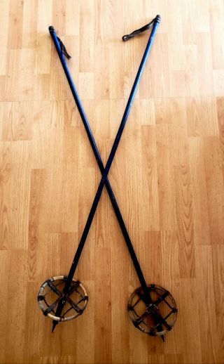 Antique Blue Bamboo Ski Poles 53 " Long,  7 1/2 " Leather Baskets Snow Skis Lovely