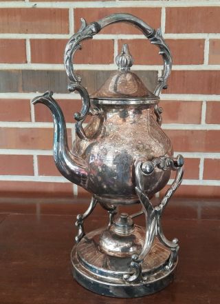 Vintage Tilting Tea Pot W Burner & Stand Birmingham Silver Co Silver On Copper