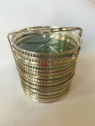 Vintage Sterling Silver & Glass Coaster Set And Holder 12 Star Glass Cut