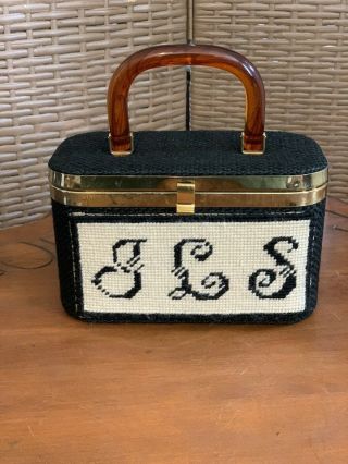 Vintage Jr Florida Embroidered Woven Box Purse Lucite Handle A