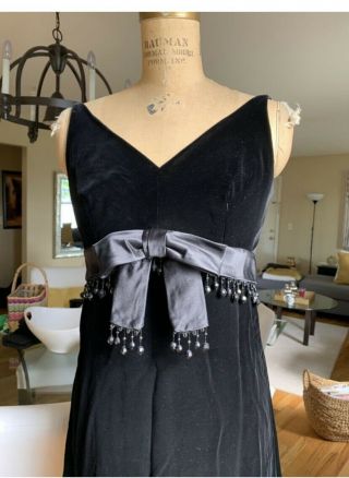 1960’s Vintage Black Velvet Gown Dress W Beaded Bow