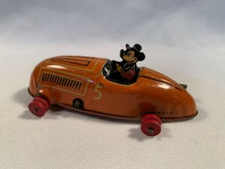 Antique Vintage Windup Metal Mickey Mouse Orange Race Car Made In Usa